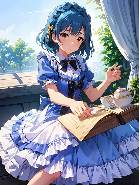 yuriko nanao (million live), 1 girl, Solo, Cute Girl,Best Quality, Ultra-detailed, 8K, High resolution, Bob Hair, Alice in Wonderland, sky-blue dress, Puffy sleeves, frilly dress, White Apron, frilled apron, garden, Tea party, tea set,