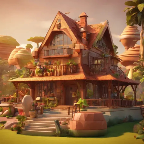 Make a 3D poster in Disney Pixar style. A large, modern chocolate factory like Willy Wonkas, has no smoke, no chimney, front view, with the roof of a house, in the middle of the Amazon jungle, with cocoa trees around, people working