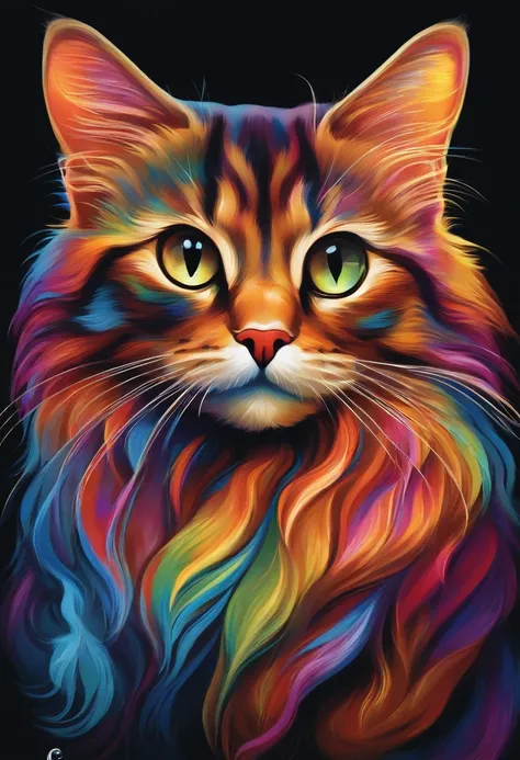 uma pintura de um gatinho colorido em um fundo preto,, Breathtaking rendering, inside a radiant connection, inspirado em Kinuko Y. craft,, Magical Elements, kitten icon, uau, its beautiful, casting a multi colored spell, bright flash, lampejo