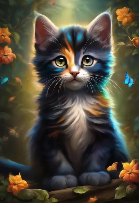 uma pintura de um gatinho colorido em um fundo preto,, Breathtaking rendering, inside a radiant connection, inspirado em Kinuko Y. craft,, Magical Elements, kitten icon, uau, its beautiful, casting a multi colored spell, bright flash, lampejo