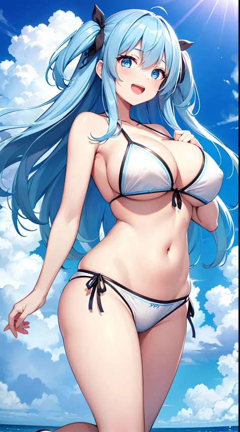 1 girl, game CG, string bikini, string hair ribbon, gigantic breasts, light blue hair, middle hair, two side up, blue eyes, seaside, stage, smile, open mouth, dynamic,