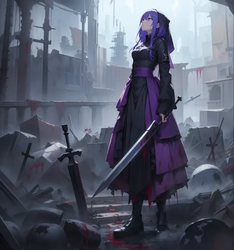 Return blood、（rainfall）、Full body depiction、（（Scarred young woman））、（（holding an cane））、（Ruined chapel and rubble）、Standing alone、short-cut、（Veteran Hero）、The ultra -The high-definition、（（Nun black costume））、inner colored、purple color  hair、Blue eyes、（look...