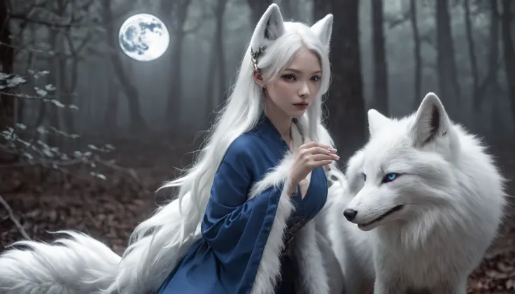 (Next to the anime girl with white fur fox ears before the full moon is a huge white nine-tailed fox:1.5), fantasy fox love, White-haired fox, white fox anime, Anime fantasy illustration,(dark forest background，Blue transparent smoke surrounds:1.8), art of...