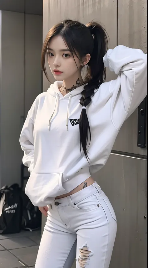 Masterpiece, Best quality, 1girll，stand posture，anatomy correct，White hoodie，skintight jeans，Tattooed with，Long ponytail hair，Accurate and perfect face，Slender and slender figure，Skinny，Skinny，Smaller bust，Long legs，White sneakers