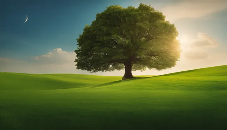 head portrait，cloudless sky，The tree，green grasslands