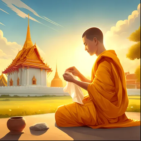 arafed monk sitting on the ground in front of a building, monk meditate, buddhist monk meditating, buddhist monk, buddhism, monk clothes, buddhist, monk, tithi luadthong, hindu stages of meditation, 2 1 st century monk, temple background, concept art of a ...