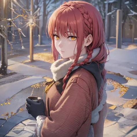 Makima、hight resolution, best pictures,, super precision、[3D images:1.35]、High quality anime、red hairs、yellow  eyes、Winters、Its snowing、Black mink coat、Braids