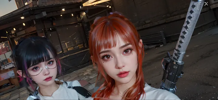 there is a woman with a gun in a street, unreal engine : : rave makeup, with very highly detailed face, makeup. unreal engine, c...