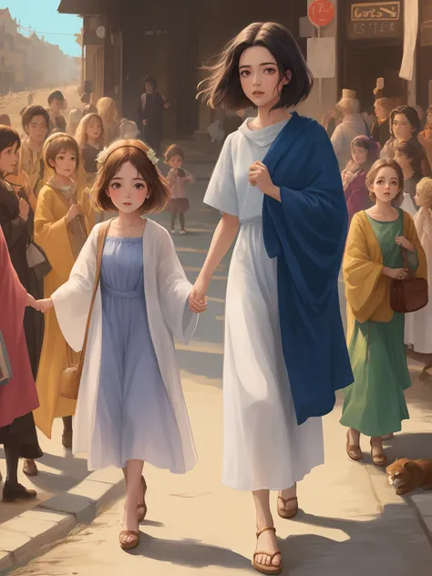 Crie uma garota com cabelos ondulados caminhando ao lado de Jesus no estilo pixar 4k