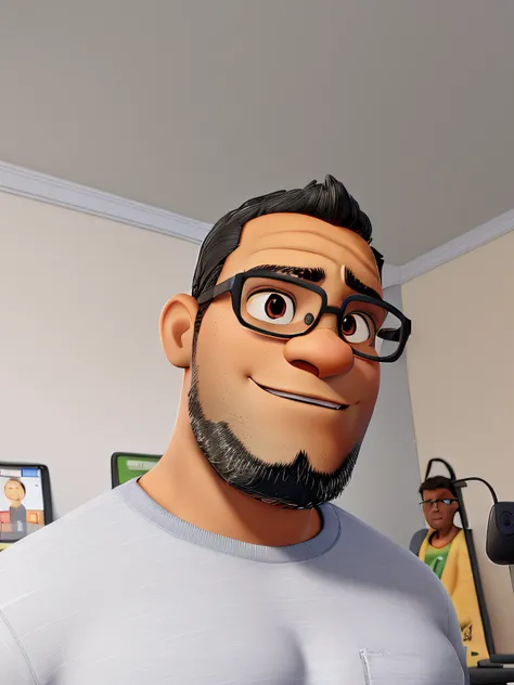 Disney Pixar 3d style illustration of a Brazilian man. Mixed European and African. His skin is dark, but he is not black. He is very tanned. He wears a black cap with a silver Superman emblem. He is approximately 47 years old. Hes chubby and friendly. He h...