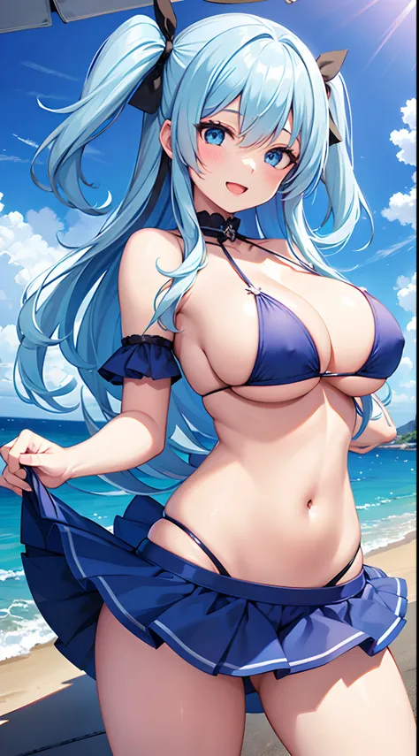 1 girl, game CG, string bikini, miniskirt, idol, string hair ribbon, gigantic breasts, light blue hair, middle hair, two side up, blue eyes, seaside, stage, smile, open mouth, dynamic,