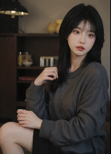 best qualtiy， 超高分辨率， （realisticlying：1.4）， A woman with long black hair and a gray sweater, 中景 the scene is, She has black hair，By bangs, young lovely Korean faces, wan adorable korean face, ulzzangs, Shin Jinying, beautiful aesthetic face, Korean face fea...