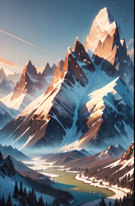 Mountains, Flowers and lakes in the foreground, majestic mountain peaks, epic mountains, 4k highly detailed digital art, Anime landscapes, beautiful mountains, beautiful mountains behind， snow mountains, Anime Nature, 8K high quality detailed art, detailed...