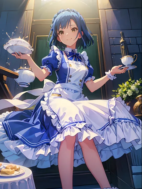 yuriko nanao (million live), 1 girl, Solo, Cute Girl,Best Quality, Ultra-detailed, 8K, High resolution, Bob Hair, Alice in Wonderland, smile, happy, (((sky-blue dress, Puffy sleeves, frilled dress, White Apron, frilled apron,))) garden, (Tea party, tea set...