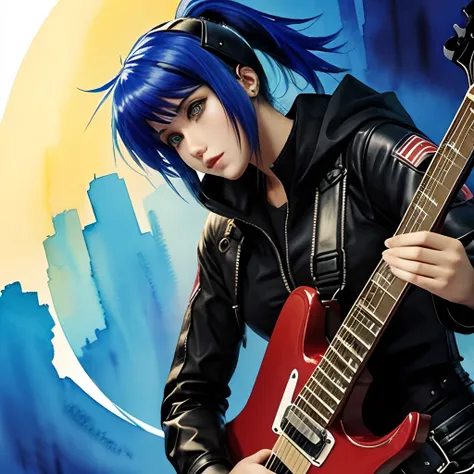 guitar,cyber punk,very watercolor,woman