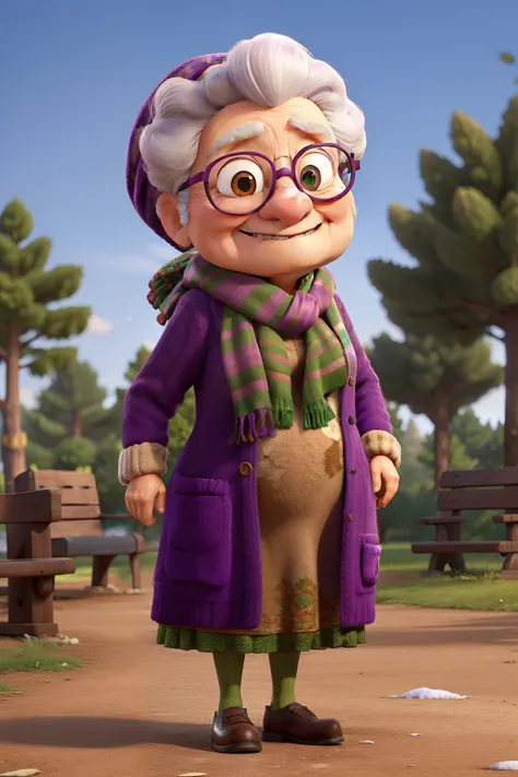 masterpiece, best quality, an old woman with glasses and a scarf on, wearing a purple coat and green scarf, standing at the park