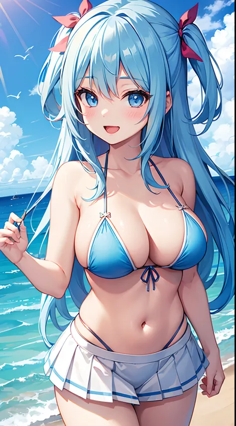 1 girl, game CG, string bikini, miniskirt, idol, string hair ribbon, gigantic breasts, light blue hair, middle hair, two side up, blue eyes, seaside, stage, smile, open mouth, turn around,