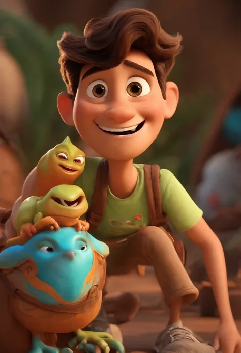 Gordinho sorridente com cabelos castanhos altura media olhos castanhos camiseta branca estilo pixar 3d