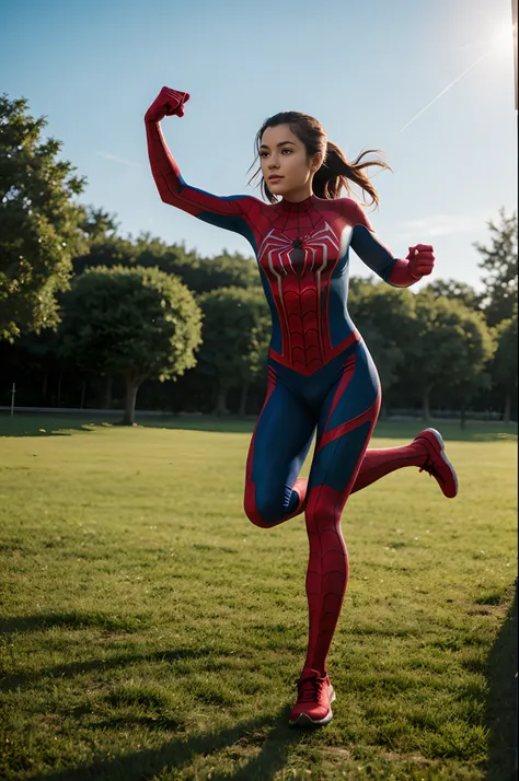 Full body Spiderman girl running,grass background