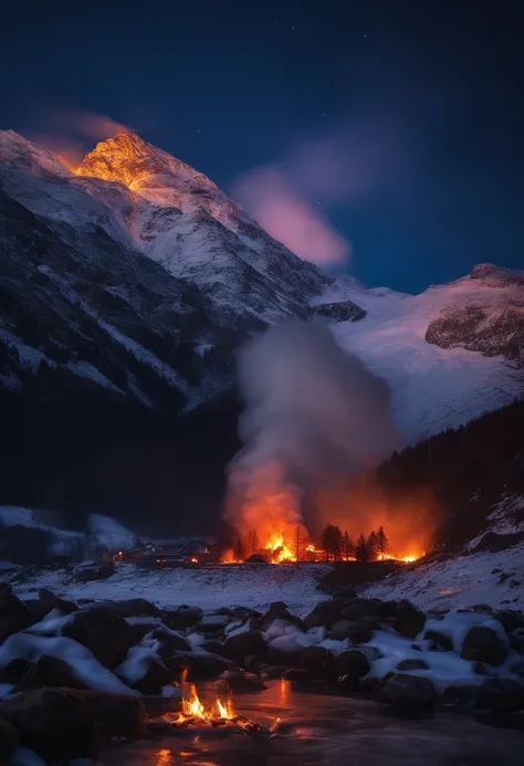 deep in the night，snow mountains，A fire broke out in the building，The fire burst into the sky