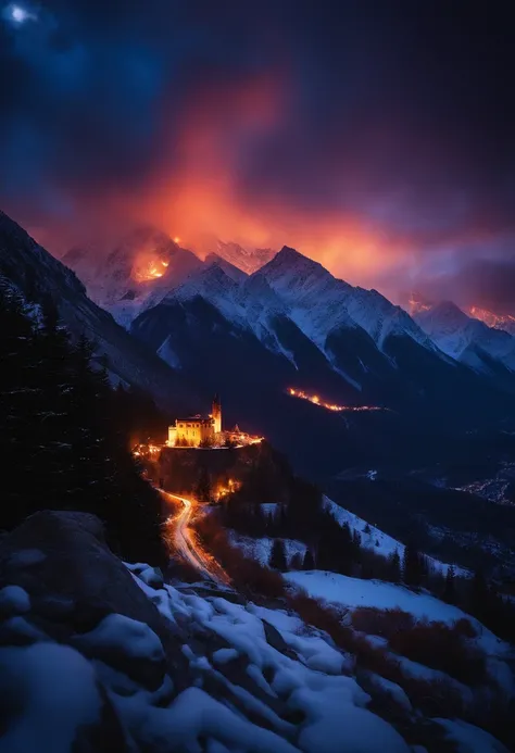 deep in the night，snow mountains，A fire broke out in the building，The fire burst into the sky，dream magical