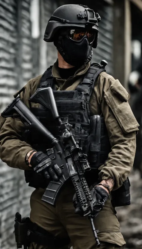 (Best quality,4K,8K,A high resolution,Masterpiece:1.2),Ultra-detailed,(Realistic,Photorealistic,photo-realistic:1.37), One of them wore a black SWAT uniform，Man in black helmet, A man in a black mask holds a gun, Air rifle CQB, French Special Operations, r...