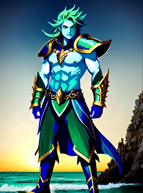 DnD Sea Elf Triton Cleric of Talos. The Sea Elf is a male with blue skin and scales and green hair. He has dark steel plate armor with blue and gold trimmings.