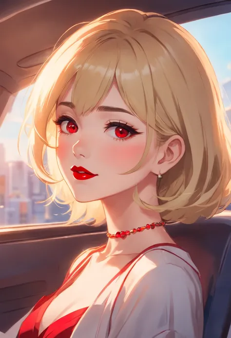 Blonde woman with red lipstick and necklace in car with hand up, imagem de perfil, red lips, foto do perfil, Batom vermelho no rosto, thick red lips, foto de perfil headshot, Big Red Lips, Batom vermelho brilhante, both have red lips, small and thick red l...