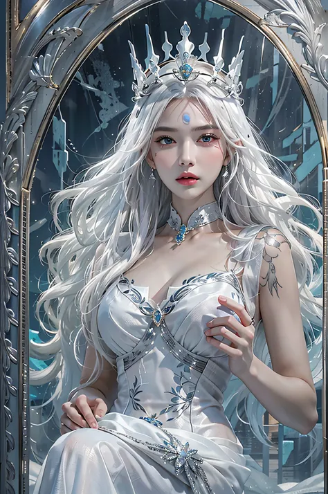 Photorealistic, high resolution, 1womanl, Solo, Hips up, view the viewer, (Detailed face), White hair, Long hair, dress, Ice Queen, crown, jewelry, tattoo