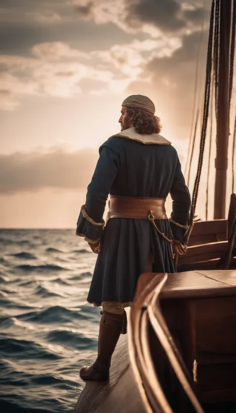 Christopher Columbus on his ship, looking at the horizon before starting your first expedition