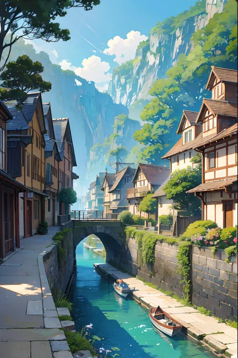 Idyllic coastal town drawn in a detailed ghibli art illustration style, bathed in sunlight, featuring European-style houses with terracotta roofs, a serene waterfront with wooden docks and anchored boats, and vintage cars parked along the wharf, set agains...