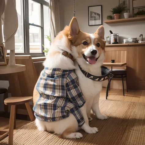 corgi, dog, (Best Quality: 1.3), 8K, masterpiece, wearing pajamas, swinging a large chicken drumstick as a weapon, inside a cozy cafe, epic battle.