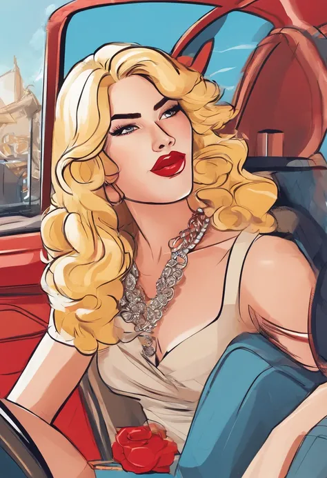 Blonde woman with red lipstick and necklace in car with hand up, imagem de perfil, red lips, foto do perfil, Batom vermelho no rosto, thick red lips, foto de perfil headshot, Big Red Lips, Batom vermelho brilhante, both have red lips, small and thick red l...