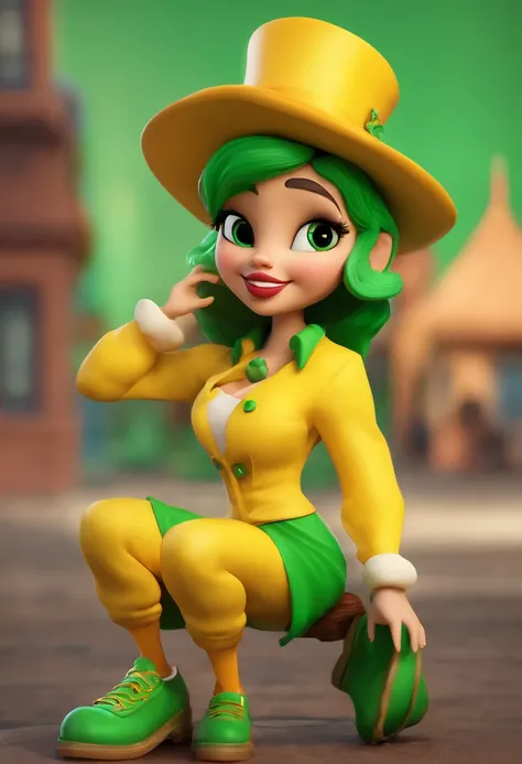 Personagem de desenho animado de um rapaz com uma roupa baseada em uma fantasia de milho, camisa amarela e jaqueta verde, The pants are green and a big green shoe, Wearing a green top hat cap, animation character, Caractere estilizado, animation style rend...