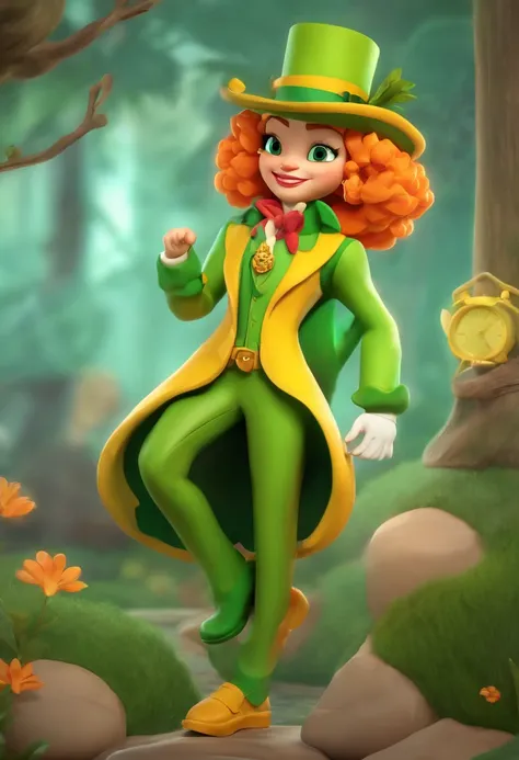 Personagem de desenho animado de um rapaz com uma roupa baseada em uma fantasia de milho, camisa amarela e jaqueta verde, The pants are green and a big green shoe, Wearing a green top hat cap, animation character, Caractere estilizado, animation style rend...