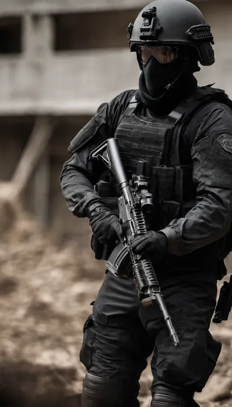 (Best quality,4K,8K,A high resolution,Masterpiece:1.2),Ultra-detailed,(Realistic,Photorealistic,photo-realistic:1.37), One of them wore a black SWAT uniform，Man in black helmet, A man in a black mask holds a gun, Air rifle CQB, French Special Operations, r...