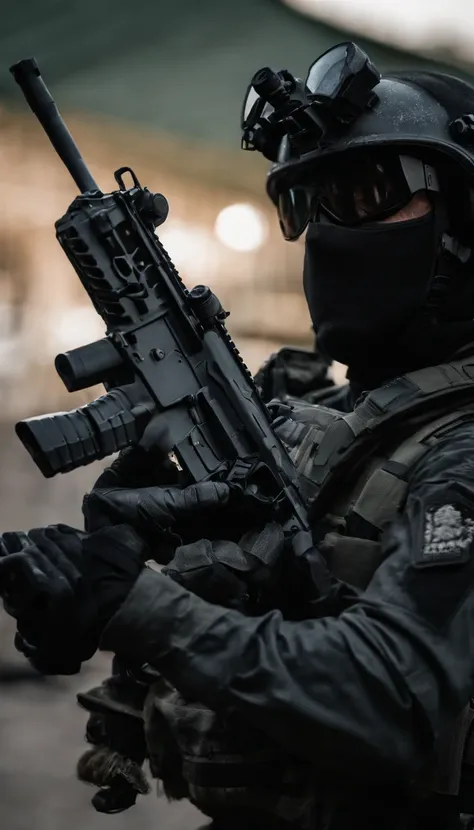 (Best quality,4K,8K,A high resolution,Masterpiece:1.2),Ultra-detailed,(Realistic,Photorealistic,photo-realistic:1.37), One of them wore a black SWAT uniform，Man in black helmet, A man in a black mask holds a gun, Air rifle CQB, French Special Operations, r...