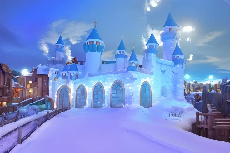 Uma imagem cartoon estilo Disney Pixar, de um castelo branco, com cones azuis do Reino sowland, onde tudo tem neve