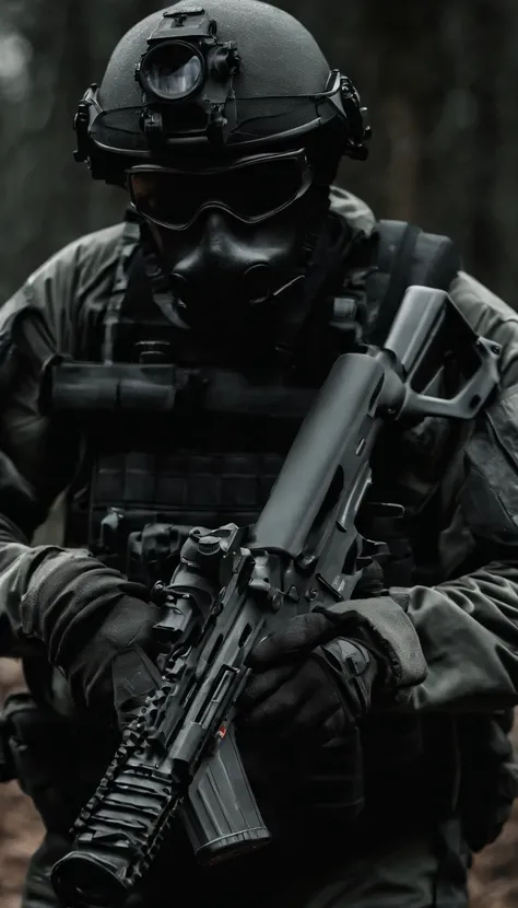 (Best quality,4K,8K,A high resolution,Masterpiece:1.2),Ultra-detailed,(Realistic,Photorealistic,photo-realistic:1.37), One of them wore a black SWAT uniform，Man in black helmet, A man in a black mask holds a gun, Air rifle CQB, French Special Operations, r...