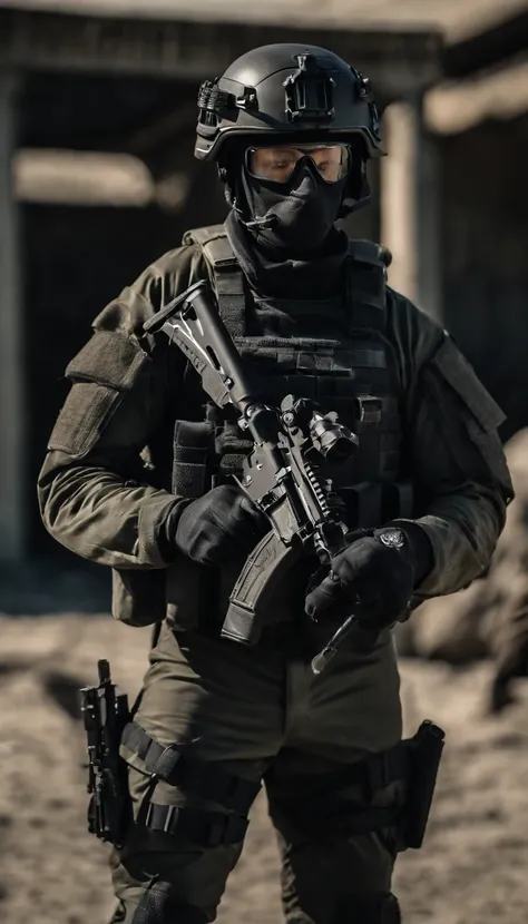 (Best quality,4K,8K,A high resolution,Masterpiece:1.2),Ultra-detailed,(Realistic,Photorealistic,photo-realistic:1.37), One of them wore a black SWAT uniform，Man in black helmet, A man in a black mask holds a gun, Air rifle CQB, French Special Operations, r...