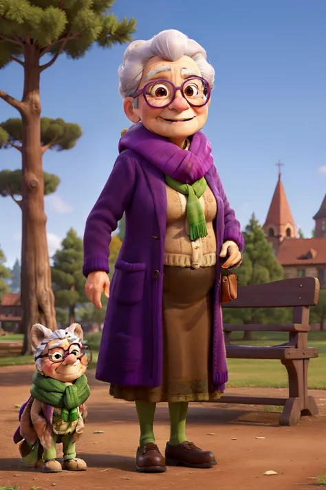 masterpiece, best quality, an old woman with glasses and a scarf on, wearing a purple coat and green scarf, standing at the park