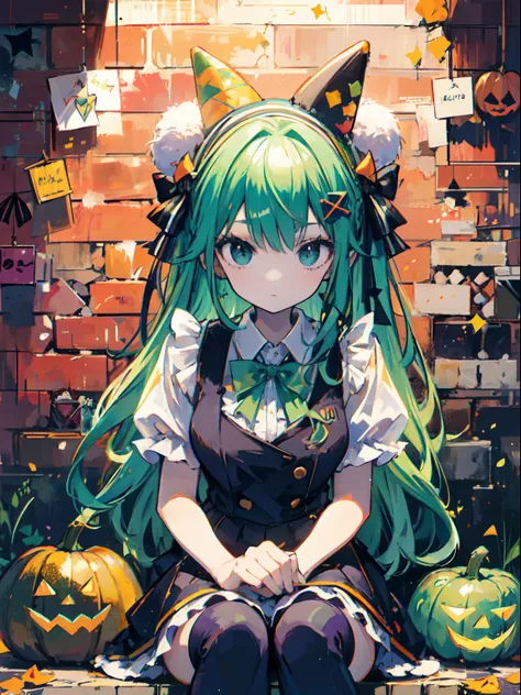 girl with green tied hair and a pumpkin hat, sit pose, halloween theme