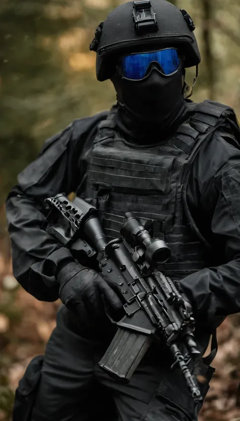 (Best quality,4K,8K,A high resolution,Masterpiece:1.2),Ultra-detailed,(Realistic,Photorealistic,photo-realistic:1.37), One of them wore a black SWAT uniform，Man in black helmet, A man in a black mask holds a gun, Air rifle CQB, French Special Operations, r...