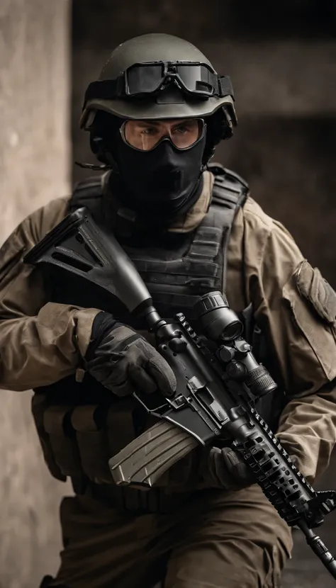 (Best quality,4K,8K,A high resolution,Masterpiece:1.2),Ultra-detailed,(Realistic,Photorealistic,photo-realistic:1.37), One of them wore a black SWAT uniform，Man in black helmet, A man in a black mask holds a gun, Air rifle CQB, French Special Operations, r...