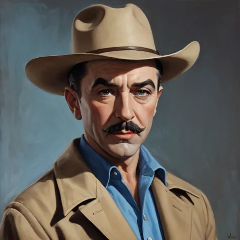 Bela Lugosi with short, buzz-cut hair, a thin, black mustache, red lipstick, slanted eyebrows, wearing a tan jacket, a blue shirt, dark brown cowboy hat, oil painting on canvas in the art style of Neal Adams