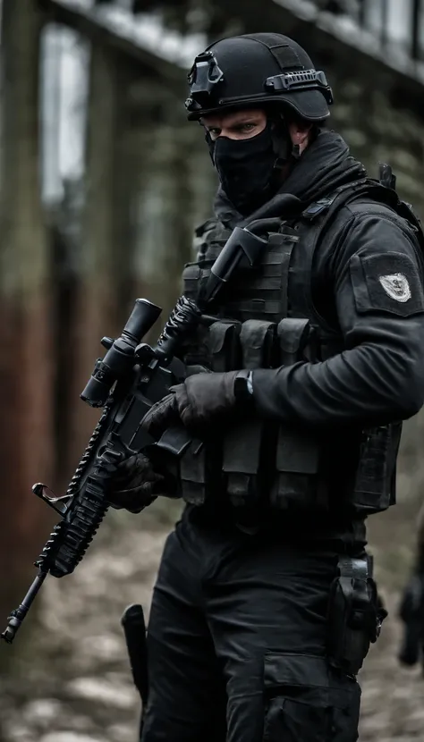 (Best quality,4K,8K,A high resolution,Masterpiece:1.2),Ultra-detailed,(Realistic,Photorealistic,photo-realistic:1.37), One of them wore a black SWAT uniform，Man in black helmet, A man in a black mask holds a gun, Air rifle CQB, French Special Operations, r...