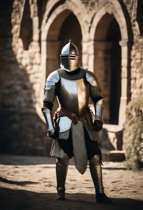 (medieval armor), metal reflections, upper body, outdoors, intense sunlight, far away castle