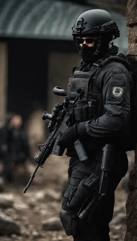 (Best quality,4K,8K,A high resolution,Masterpiece:1.2),Ultra-detailed,(Realistic,Photorealistic,photo-realistic:1.37), One of them wore a black SWAT uniform，Man in black helmet, A man in a black mask holds a gun, Air rifle CQB, French Special Operations, r...