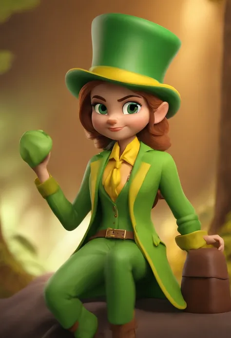 Personagem de desenho animado de um rapaz com uma roupa baseada em uma fantasia de milho, camisa amarela e jaqueta verde, The pants are green and a big green shoe, Wearing a green top hat cap,  The background of the image should be a white studio, animatio...