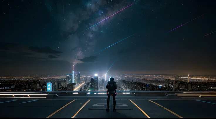 Imagine a breathtaking scene in a futuristic city that looks straight out of a science fiction movie. This advanced metropolis stretches for miles, with towering skyscrapers that touch the clouds. The lighting is spectacular, with neon lines that outline t...